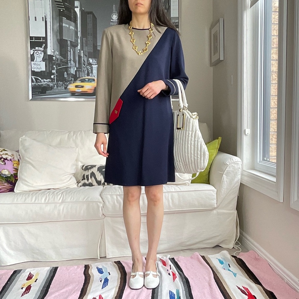 Elegant Navy and Beige Colorblock Dress
